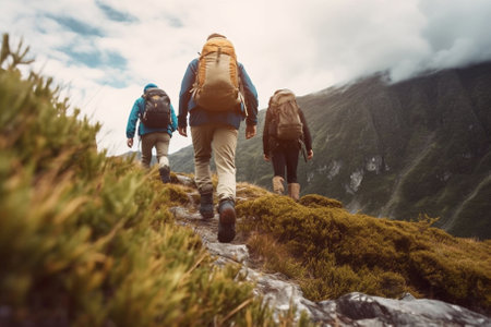 adventurous tourists trek through the mountainous terrain, taking in the stunning natural beauty and fresh air, created with Generative AIの素材