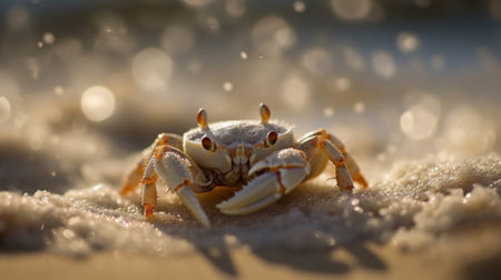 A crab crawls on a sandy beach under the bright sun. The waves of the sea can be seen in the background created with Generative AIの素材