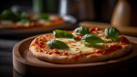 Authentic Margherita Pizza with Fresh Mozzarella and Basil on Wooden Board created with Generative AIの素材