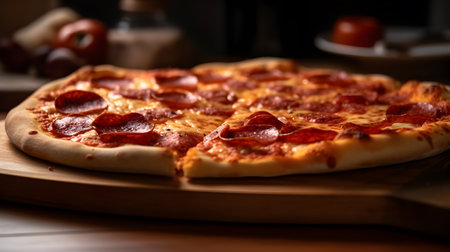 Pepperoni Pizza on Wooden Tray: A Classic and Fragrant Delight created with Generative AIの素材