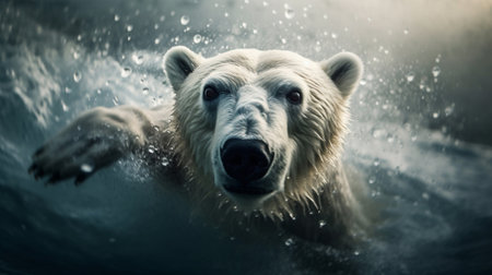 an arctic polar bear as it dives in the sea, created with Generative AIの素材
