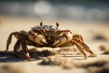A crab crawls on a sandy beach under the bright sun. The waves of the sea can be seen in the background created with Generative AIの素材