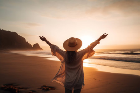 Happy woman with arms up enjoying freedom at the beach at sunset. Wellness, success, freedom and travel, created with Generative AIの素材