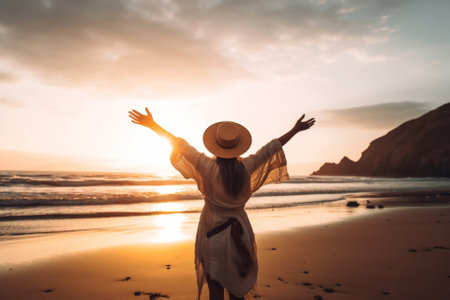 Happy woman with arms up enjoying freedom at the beach at sunset. Wellness, success, freedom and travel, created with Generative AIの素材