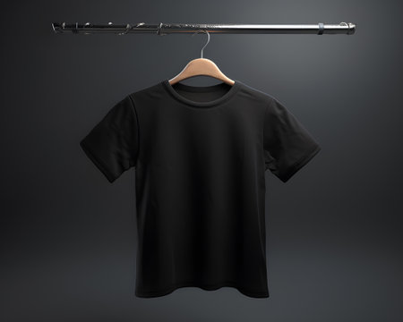Clean and Minimal black T-Shirt Mockup on a Wooden Rail. created with Generative AIの素材