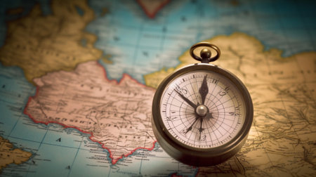 Magnetic compass and location marking on world map for adventure and travel concept. created with Generative AIの素材