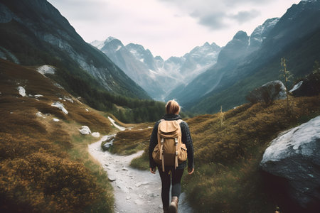 Adventurous Climber Trekking to Conquer the Mountain Peak. created with Generative AIの素材