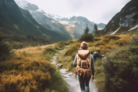 Adventurous Climber Trekking to Conquer the Mountain Peak. created with Generative AIの素材