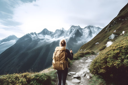 Adventurous Climber Trekking to Conquer the Mountain Peak. created with Generative AIの素材