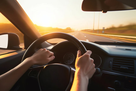 Hands of a Car Driver on the Steering Wheel during a Road Trip. created with Generative AIの素材
