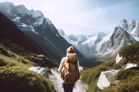 Adventurous Climber Trekking to Conquer the Mountain Peak. created with Generative AIの素材