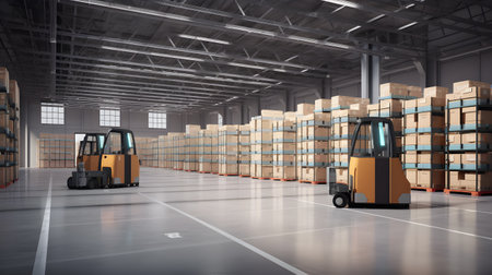 Robot Forklift Sorts Hundreds of Parcels in Warehouse. created with Generative AIの素材