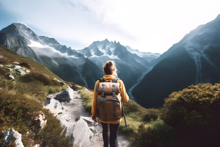 Adventurous Climber Trekking to Conquer the Mountain Peak. created with Generative AIの素材