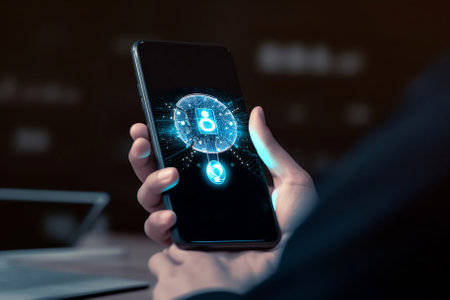 Businessman with Chat Bot on Smartphone for Efficient Communication. Generative AIの素材