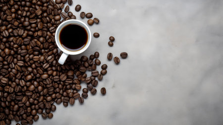 Cup of Coffee with Coffee Beans on Gray Stone Background. Generative AIの素材