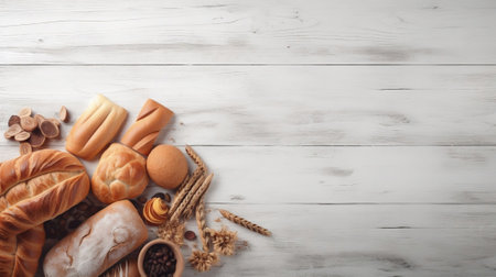 Assorted Bakery Products on Wooden Background . Generative AIの素材