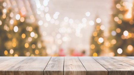 Empty woooden table top Warm with Living Room Decor with Christmas Tree Lights. Generative AIの素材