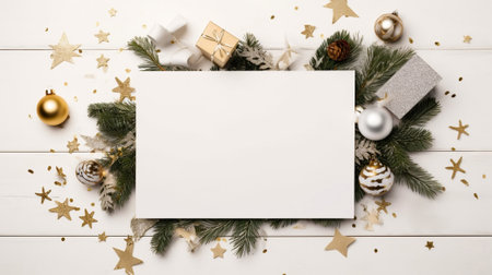 Christmas Decor and Blank Card on White Wooden Table - Space for Text. Generative AIの素材