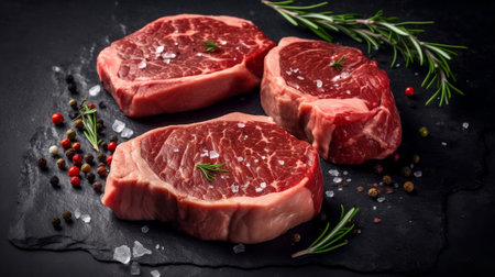 Gourmet Delights: Raw Steaks on Dark Shale Background for Culinary Inspirations. Generative AIの素材