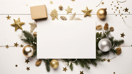 Christmas Decor and Blank Card on White Wooden Table - Space for Text. Generative AIの素材