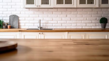 Wooden Kitchen Table for Product Display Montage with Kitchen Background. Generative AIの素材