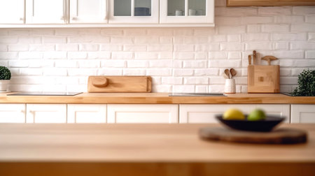 Wooden Kitchen Table for Product Display Montage with Kitchen Background. Generative AIの素材