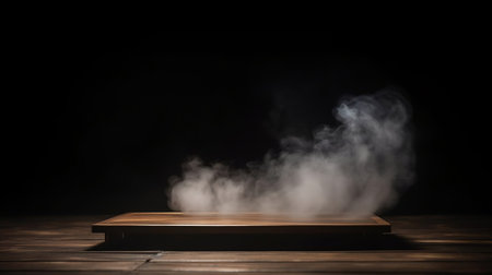 Mysterious Smoke on Empty Wooden Table against Dark Background. Generative AIの素材