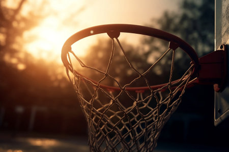 Sunset Basketball: Close-Up of a Basketball Hoop in Warm Evening Light. Generative AIの素材