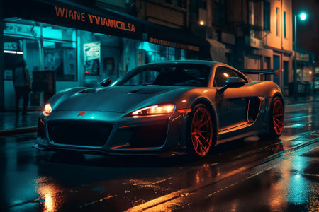 Night City Ride in a Luxury Sports Car. Generative AIの素材