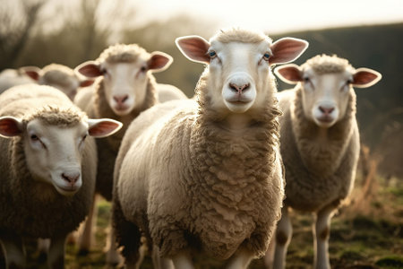 Serene Sheep Grazing on Lush Pasture Farm in the Countryside. Generative AIの素材
