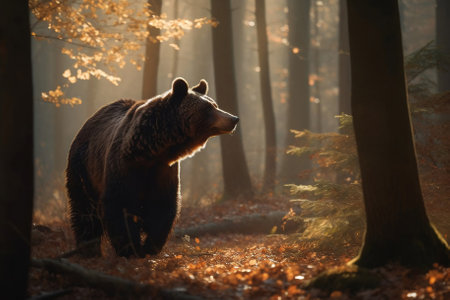 Bear Standing Still in the Serene Forest. Generative AIの素材