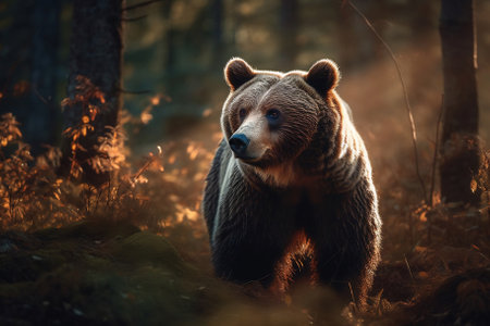 Bear Standing Still in the Serene Forest. Generative AIの素材