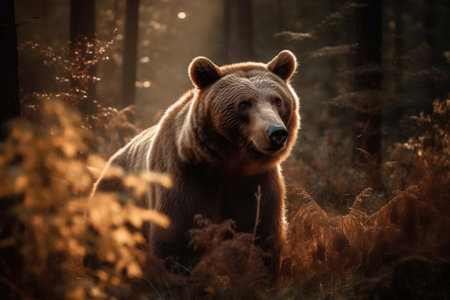 Bear Standing Still in the Serene Forest. Generative AIの素材