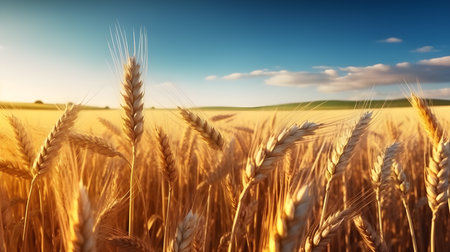 Golden Wheat Field Under Blue Sky. Generative AIの素材