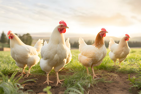 Hen, rooster and animals with free range in countryside . Generative AIの素材