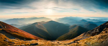 A Breathtaking View of the Majestic Mountain Landscape at Sunset. Generative AIの素材