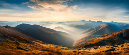 A Breathtaking View of the Majestic Mountain Landscape at Sunset. Generative AIの素材