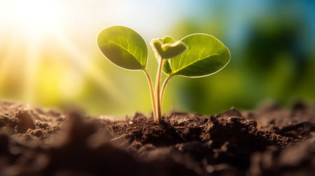 New beginnings: Young sprout basking in the sun's warm glow. Generative AIの素材