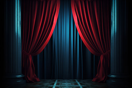 Grand Entrance: Red and blue Stage Curtain with Archway. Generative AIの素材