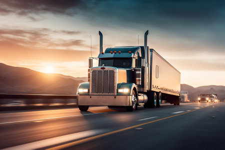 American-Style Truck Pulling a Load on the Highway. Generative AIの素材
