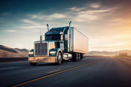 American-Style Truck Pulling a Load on the Highway. Generative AIの素材