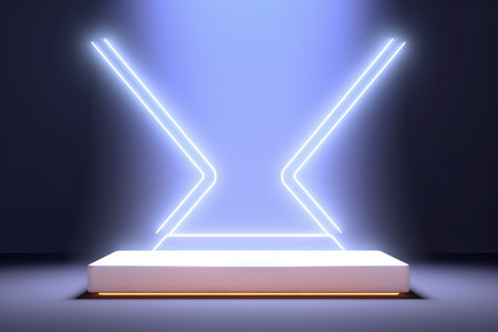 Neon White Lights Podium Display: Realistic 3D Rendering. Generative AIの素材
