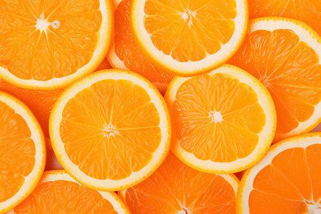 Fresh and vibrant background of juicy orange slices on white. Generative AIの素材
