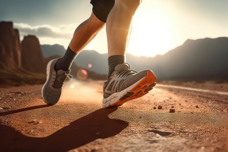 Stride of Champions: Runner Athlete's Feet Embracing Sunlight, Training for Victory with a Self-Challenge Theme. Generative AIの素材
