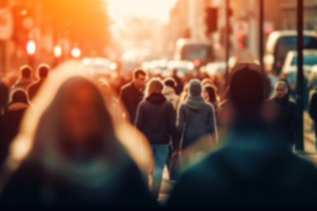 Dynamic Urban Life: Blurred Crowd in Fast-Moving City Streets with Soft Bokeh. Generative AIの素材