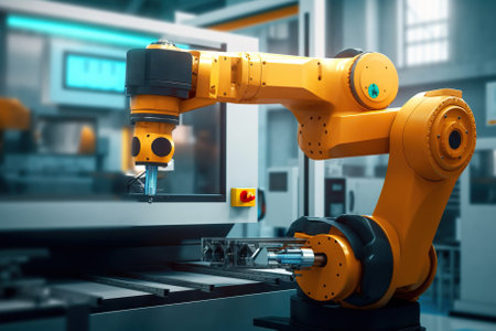 Smart Industrial Automation: Advanced Robotic Arm in Modern Factory. Generative AIの素材