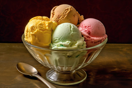 Irresistible Assortment of Flavorful Ice Cream Scoops in a Glass. Generative AIの素材
