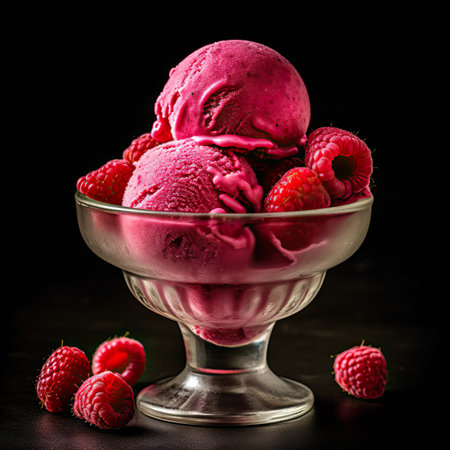 Scrumptious Raspberry Ice Cream Scoops in a Glass Container. Generative AIの素材