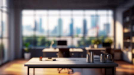 Blurred Office Workspace with Cityscape for Business Presentations. Generative AIの素材