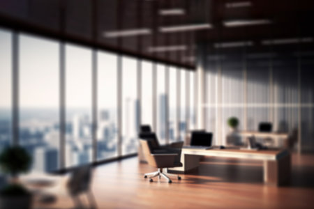 Blurred Office Workspace with Cityscape for Business Presentations. Generative AIの素材